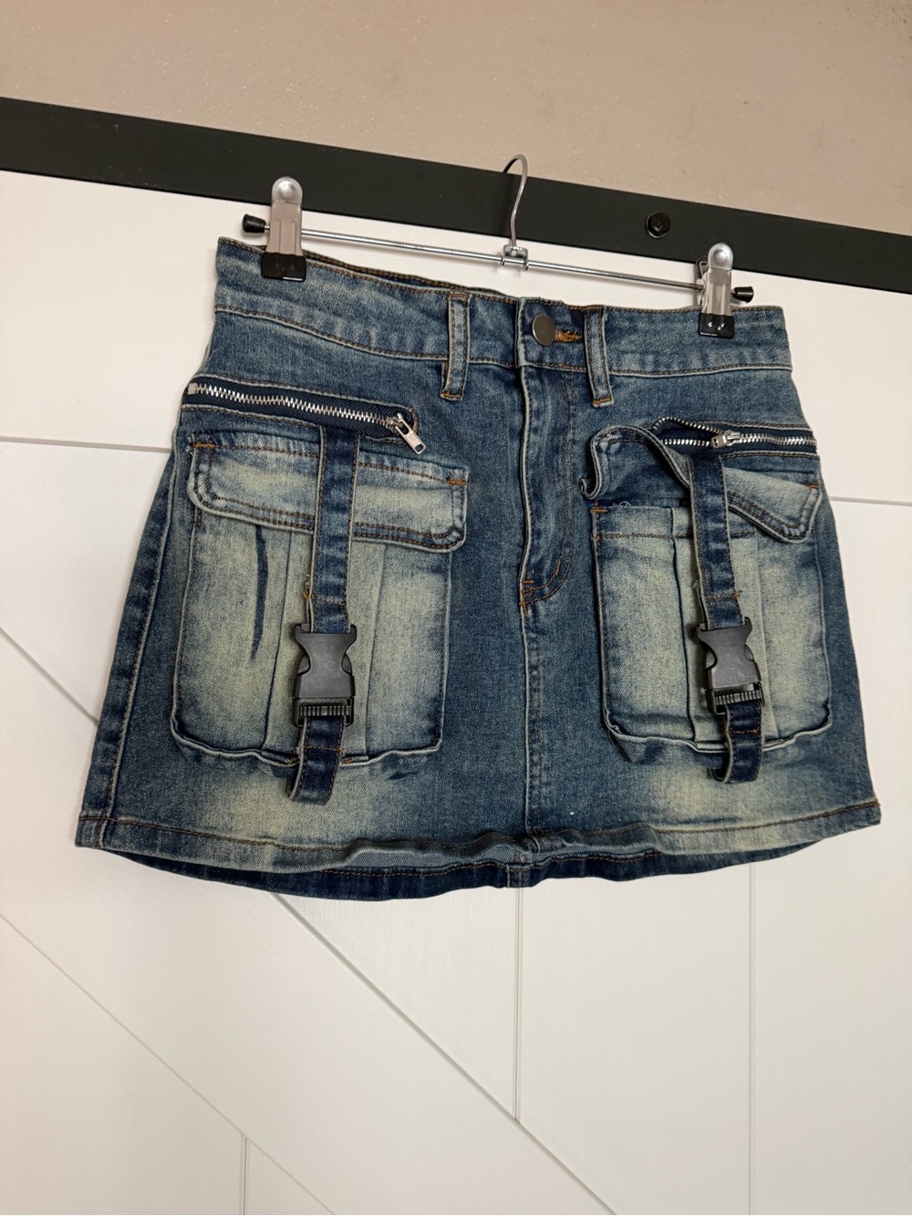 Fashion Nova Distressed Denim Utility Mini Skirt - Blue